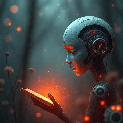 The primary subject of the image is a robotic woman holding a cell phone. The setting is a forest, with the woman standing in front of a tree. The visual style is digital art, and the colors and mood are dark and mysterious.